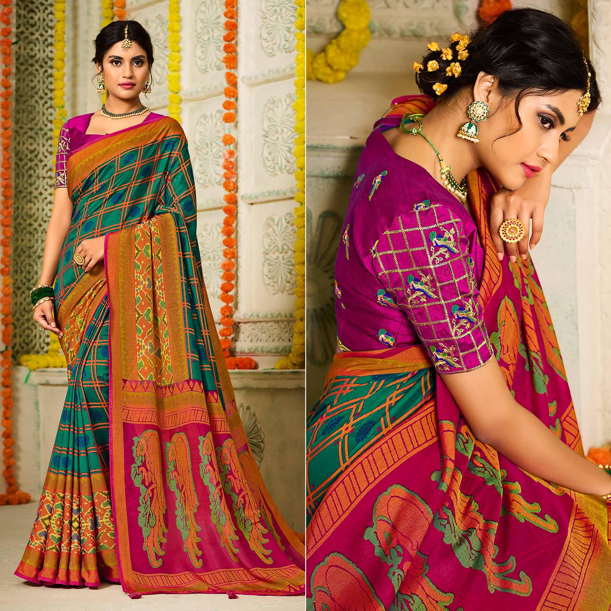 Peachmode Morpich Checks Printed Brasso Saree With Tassels