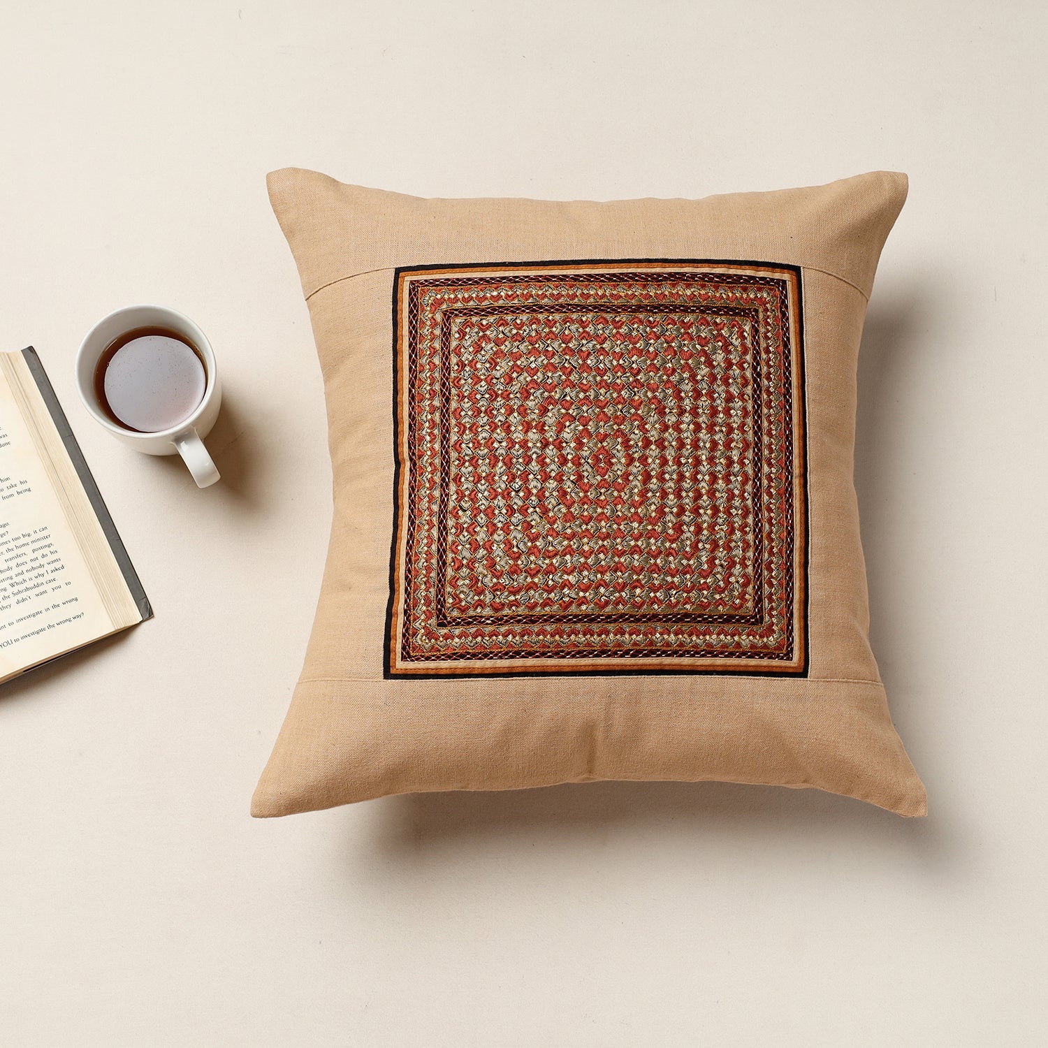 QASAB Beige - Kutch Neran Hand Embroidery Cotton Cushion Cover (16 x 16 in)