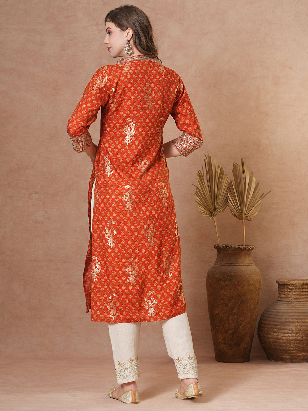 FASHOR Ethnic Floral Foil Printed & Embroidered Straight Fit Kurta - Brown - view 5
