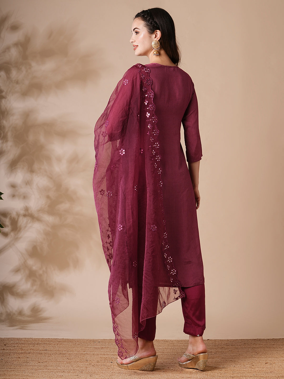 Fashor Floral Printed Mirror Embroidered Kurta with Pants & Embroidered Dupatta - Burgundy - view 6