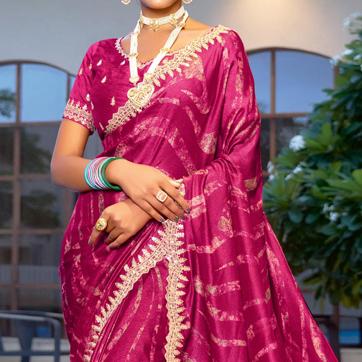Peachmode Magenta Printed Chiffon Saree With Sequins Border - view 3