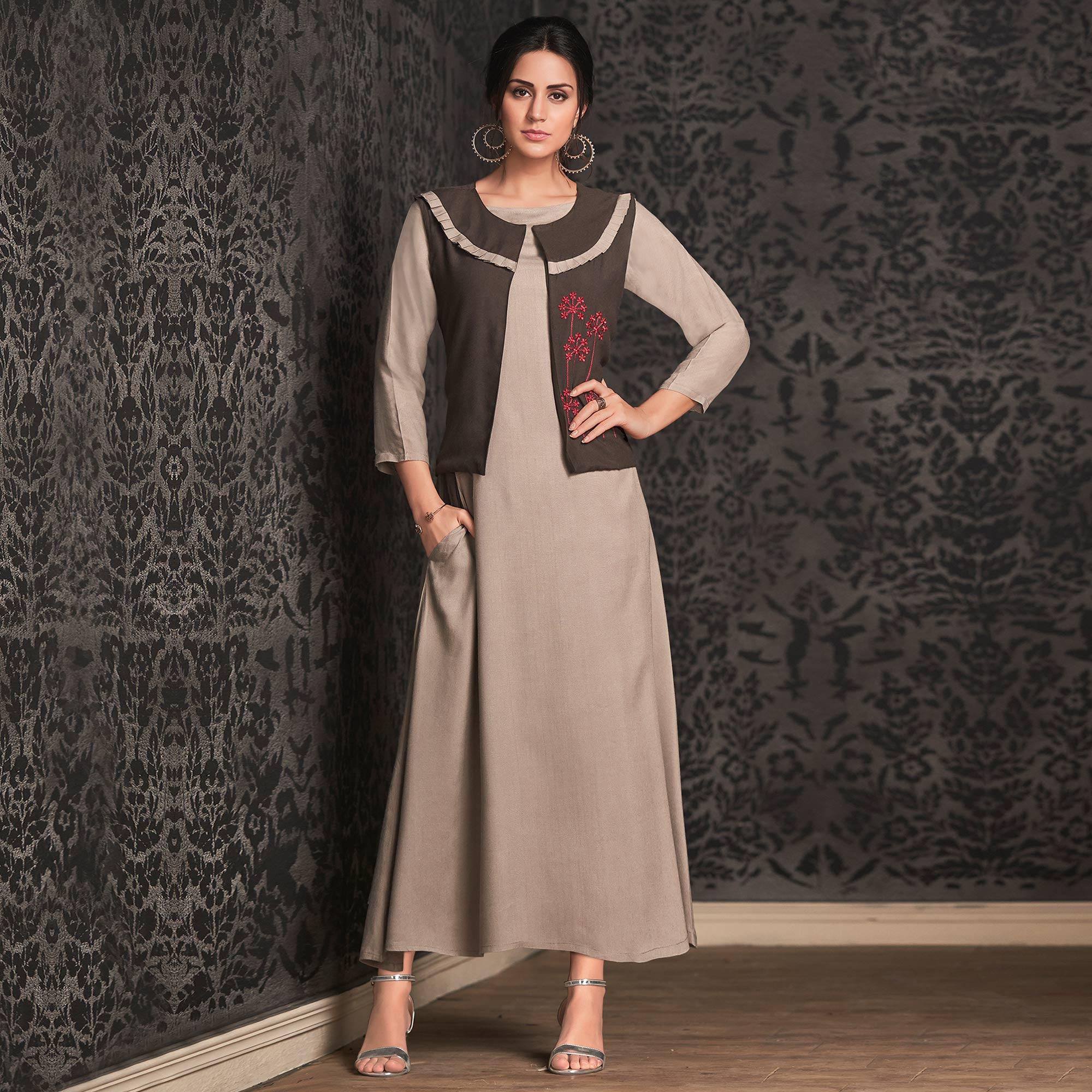 Peachmode Seller Eye-catching Light Gray Colored Partywear Embroidered Rayon Long Kurti With Koti