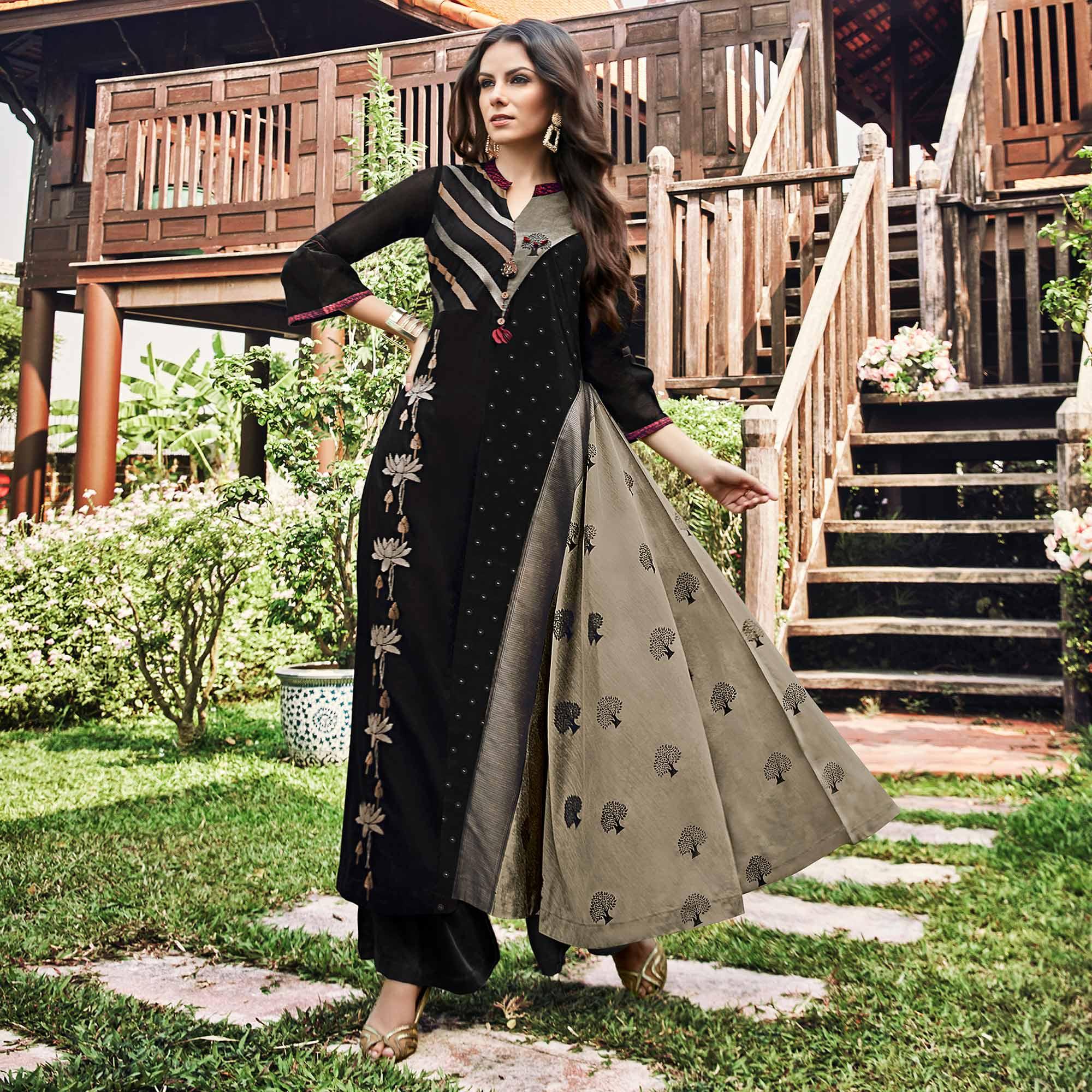 Peachmode Charming Black Colored Party Wear Printed Modal-Jacquard Long Kurti