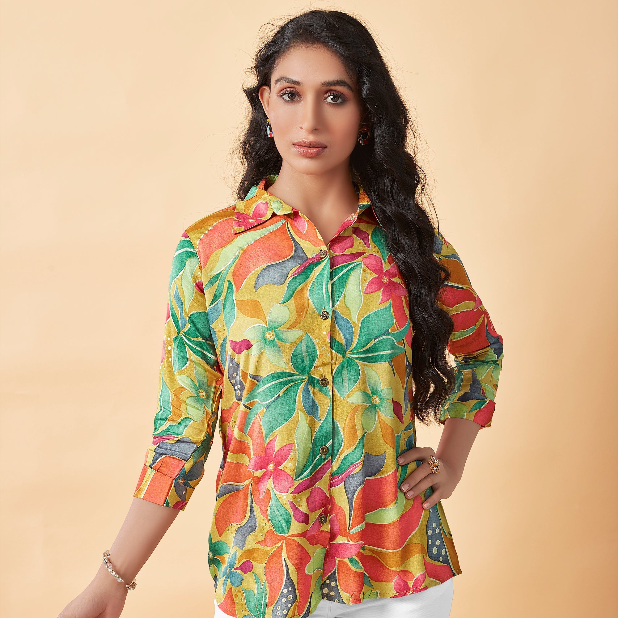 Peachmode Multicolor Floral Foil Printed Muslin Top