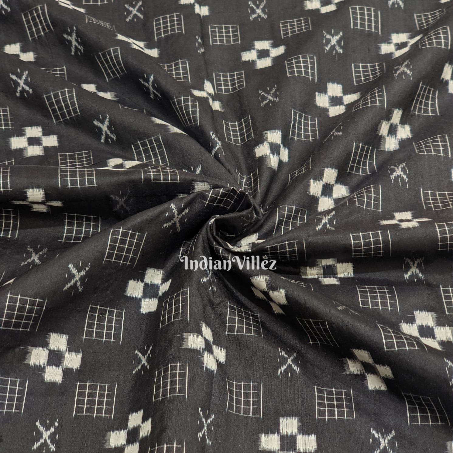 IndianVillèz Black Pasapalli Motif Odisha Ikat Sambalpuri Silk Fabric