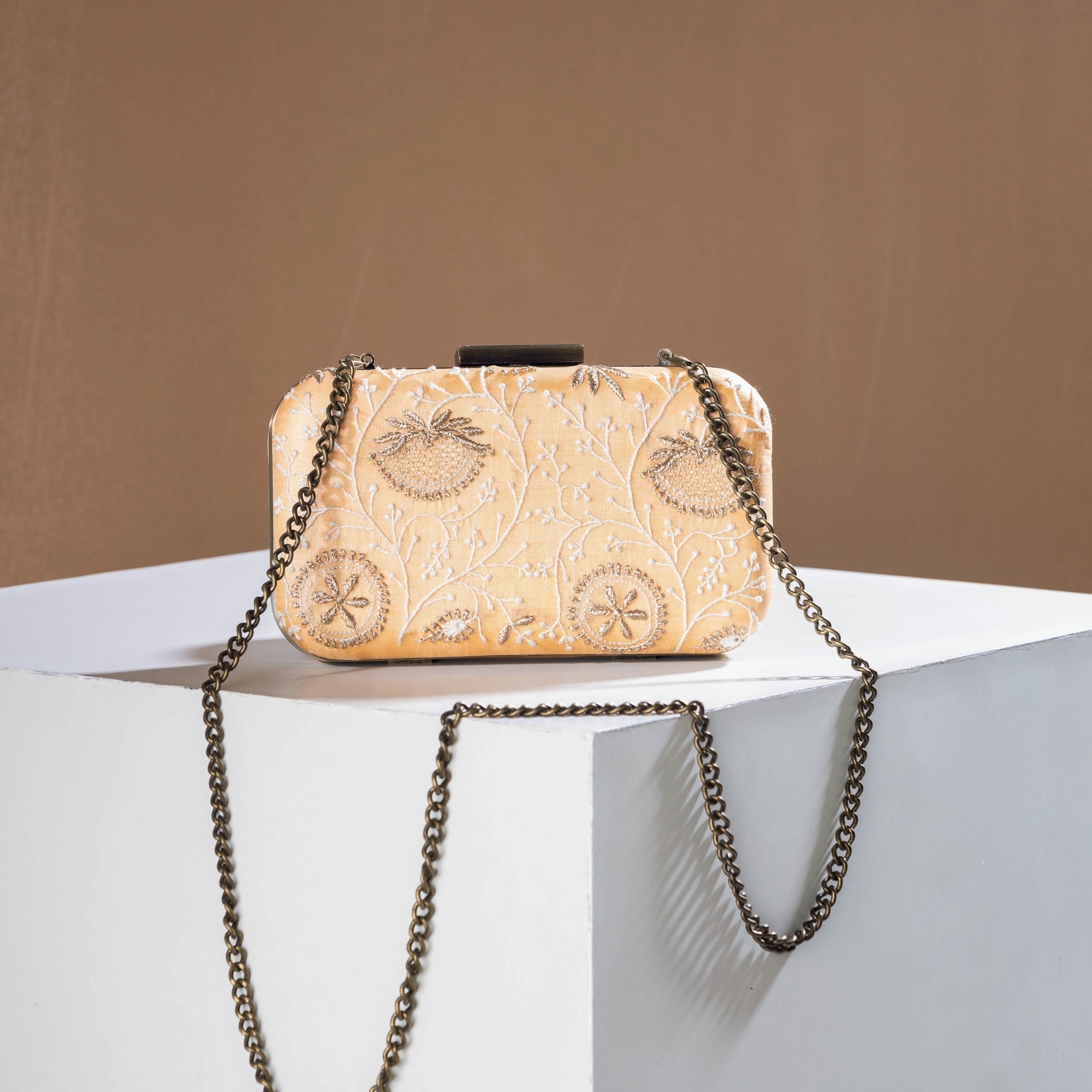 LAVANGG Beige - Chikankari Zari Hand Embroidered Tussar Silk Clutch/Sling Bag
