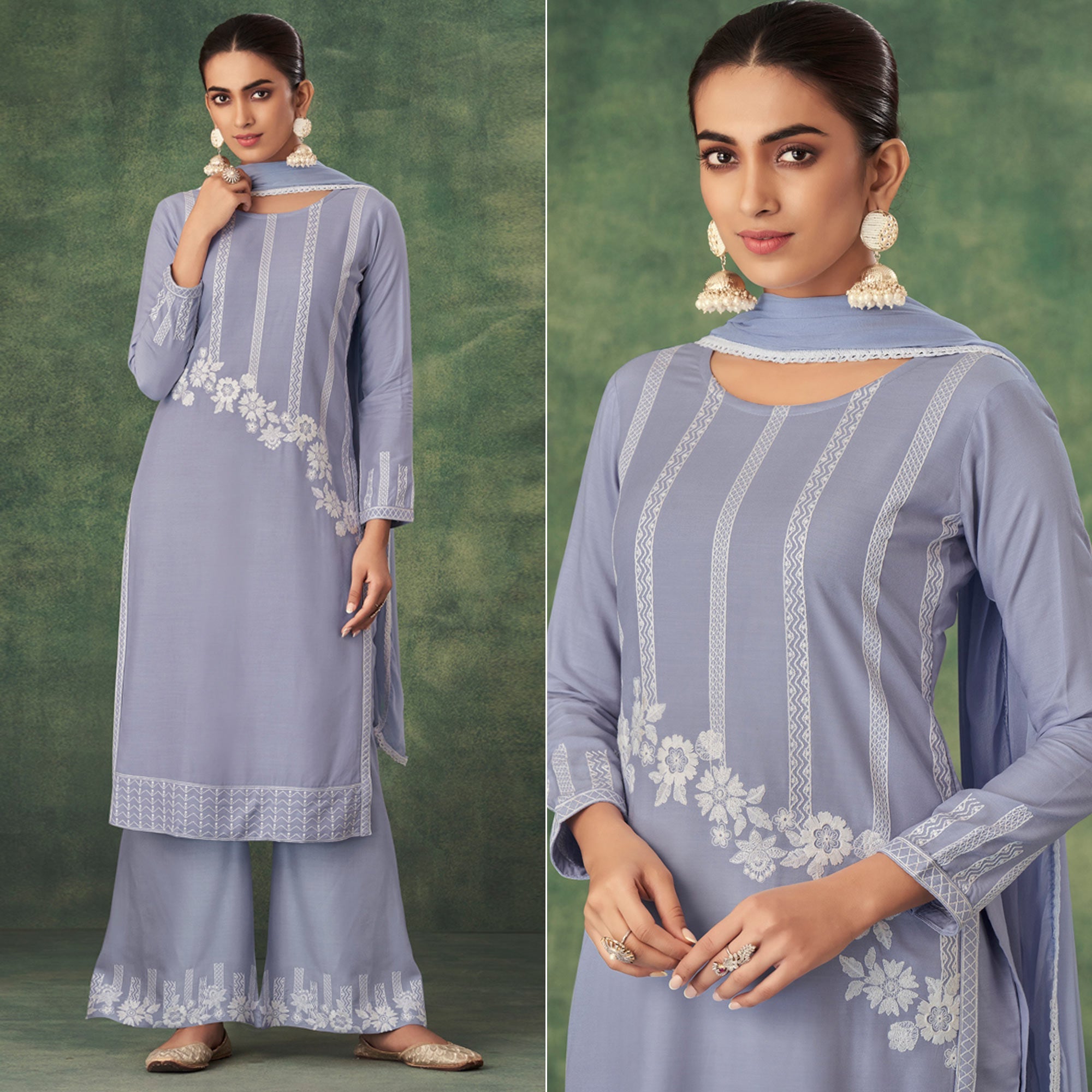 Peachmode Light Purple Floral Lucknowi Rayon Palazzo Suit