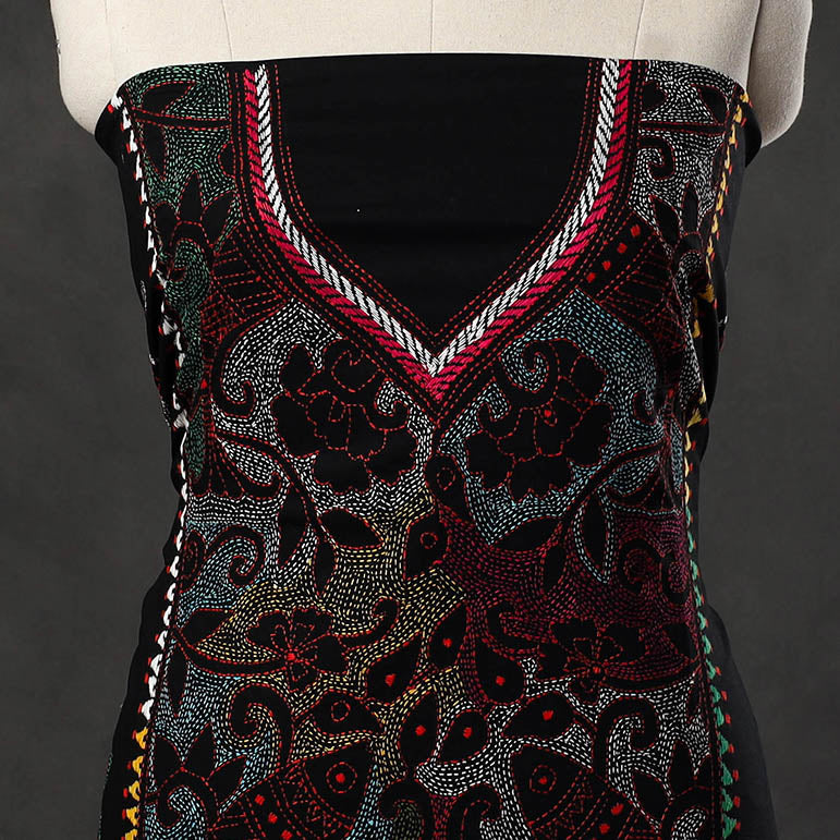KHUSHBASH - HAPPY LOOM OF EAST Black - Bengal Kantha Embroidery Cotton Kurta Material - (2.8m) 18 - view 4