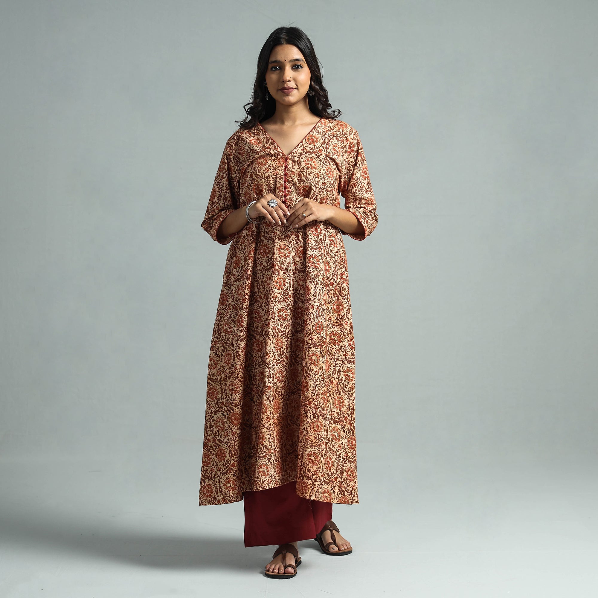 ITOKRI CASUALS Brown - Pedana Kalamkari Block Printed Cotton Kurta with Palazzo Set