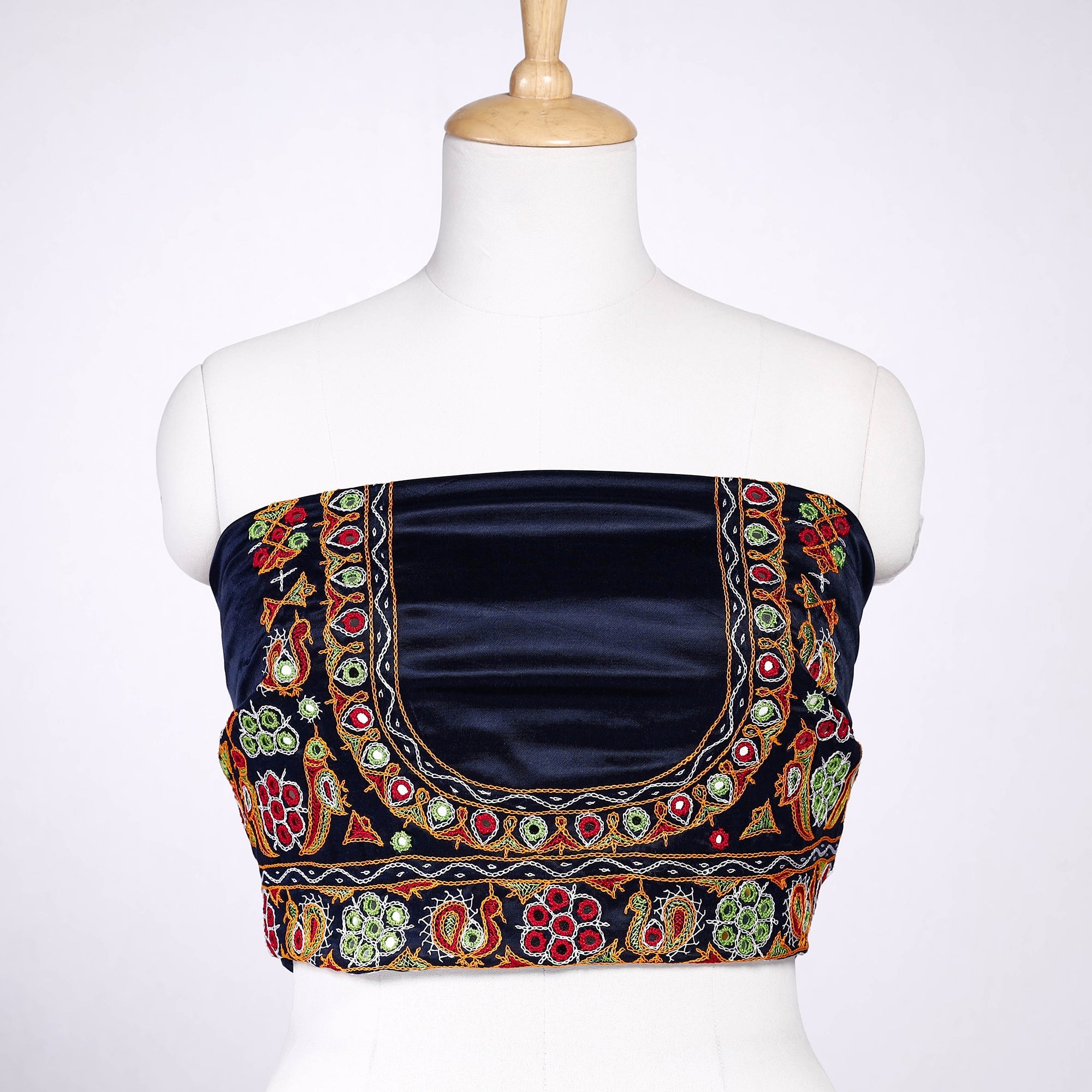 KACHCHH JI CHHAAP Blue - Ahir Hand Embroidery Kutch Mirror Work Mashru Silk Blouse Piece
