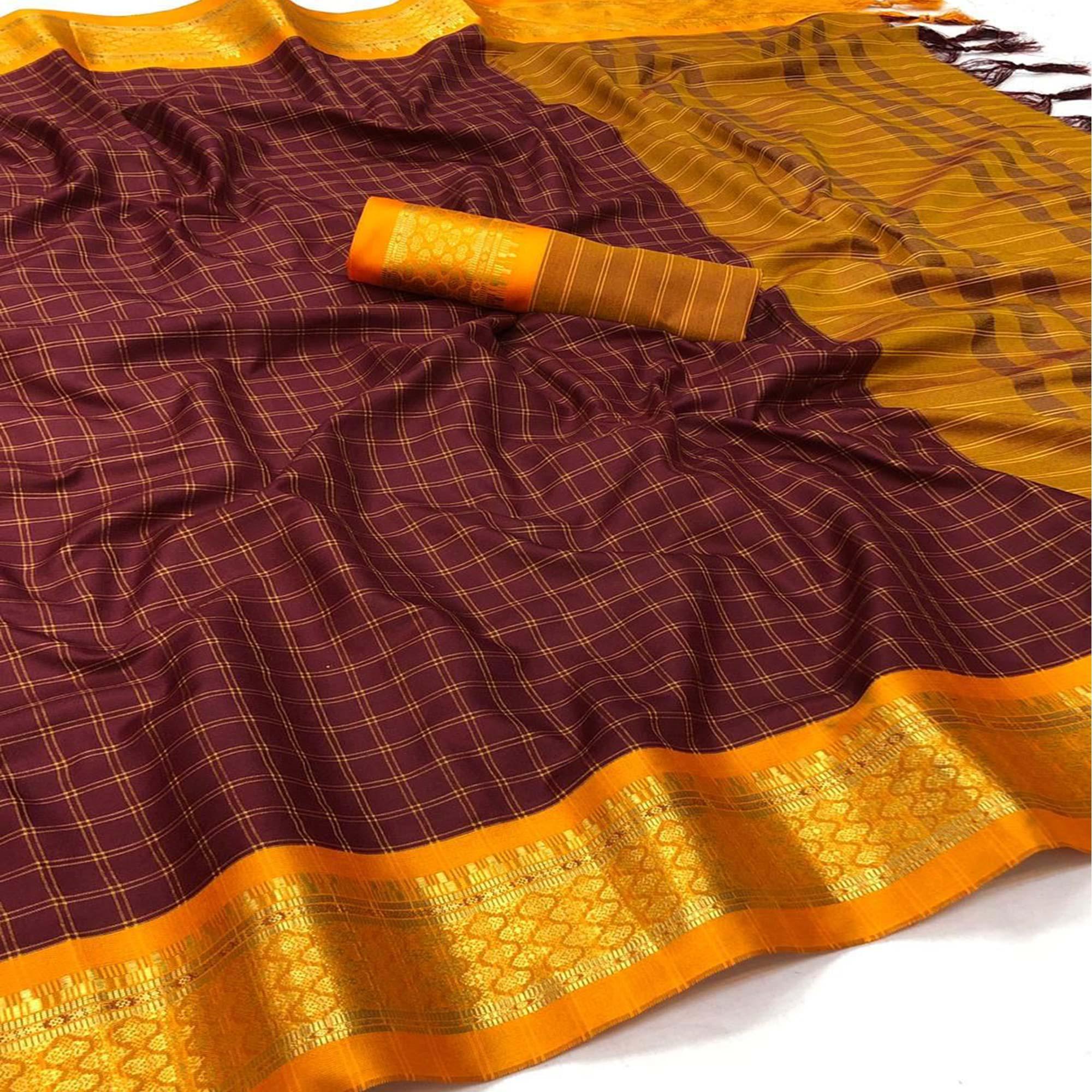 Peachmode Coffee Festive Wear Checks With Woven Border Cotton Silk Saree