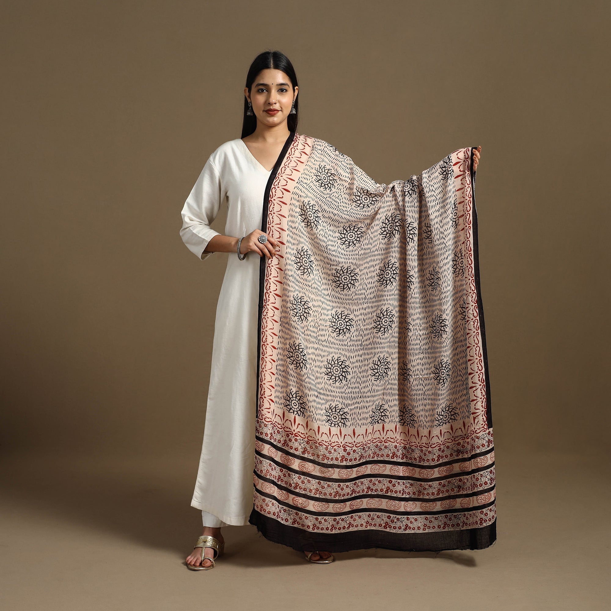 ARTISAN HAND BLOCK PRINTS Beige - Block Print Mul Cotton Bagru Dupatta 09 - view 2