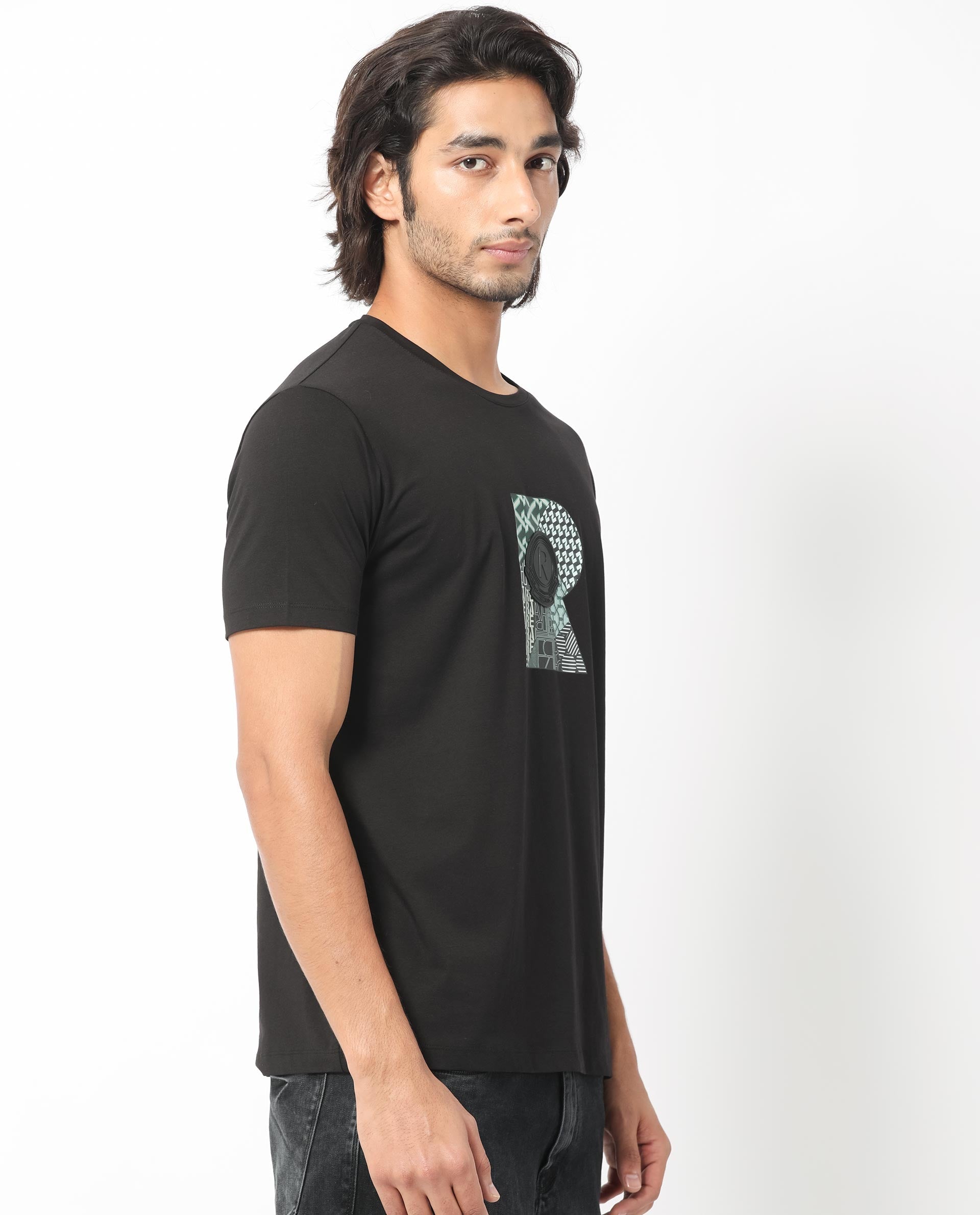 Rare Rabbit Men's Misor Black Crew Neck Half Sleeves Regular Fit Applique Rare Badge Graphic Print T-Shirt - view 4