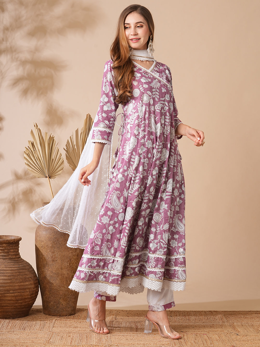 Fashor Floral Printed Stones & Pearl Embroidered Anarkali Kurta with Pants & Dupatta - Mauve - view 2