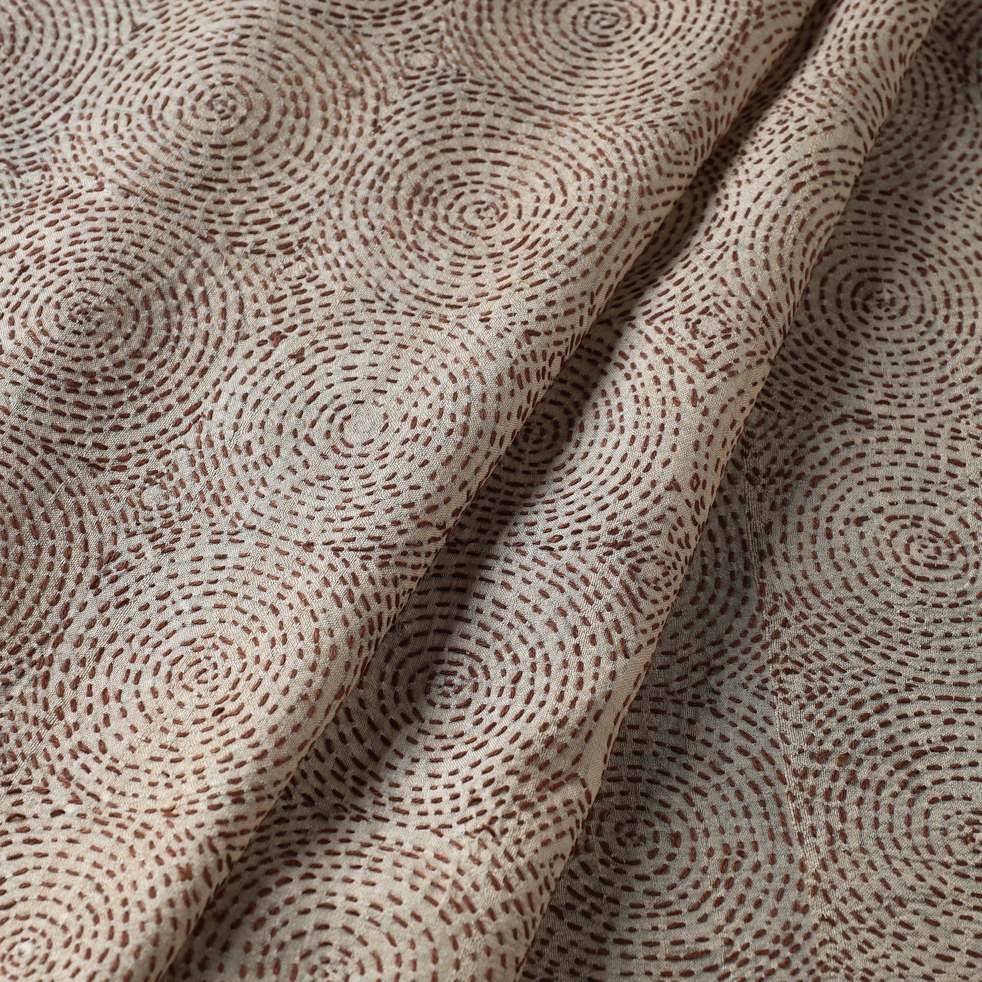 KHUSHBASH - HAPPY LOOM OF EAST Beige - Bengal Kantha Work Pure Tussar Silk Handloom Fabric - view 2