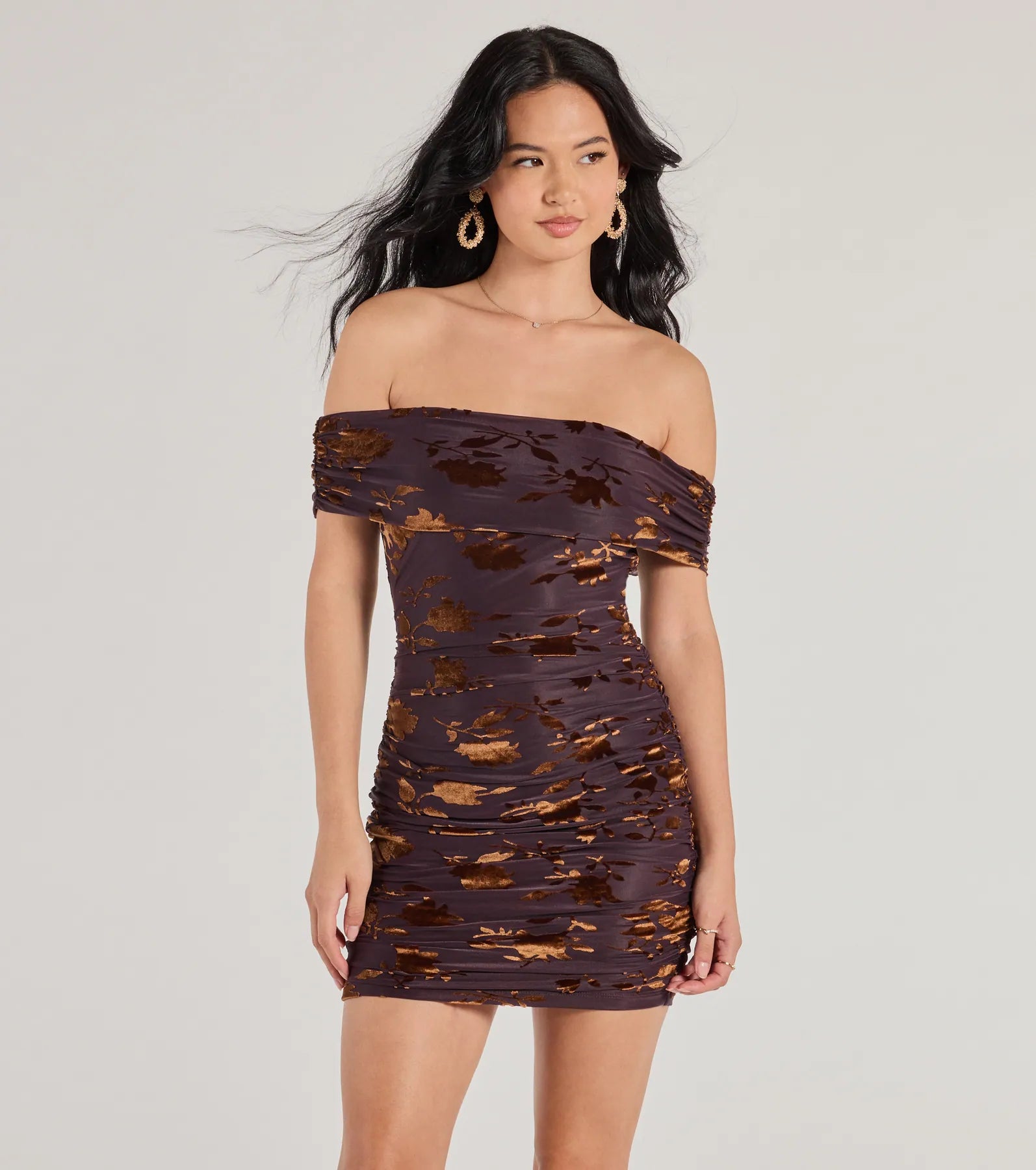 Windsor Elegant Romance Flocked Velvet Off The Shoulder Mini Dress