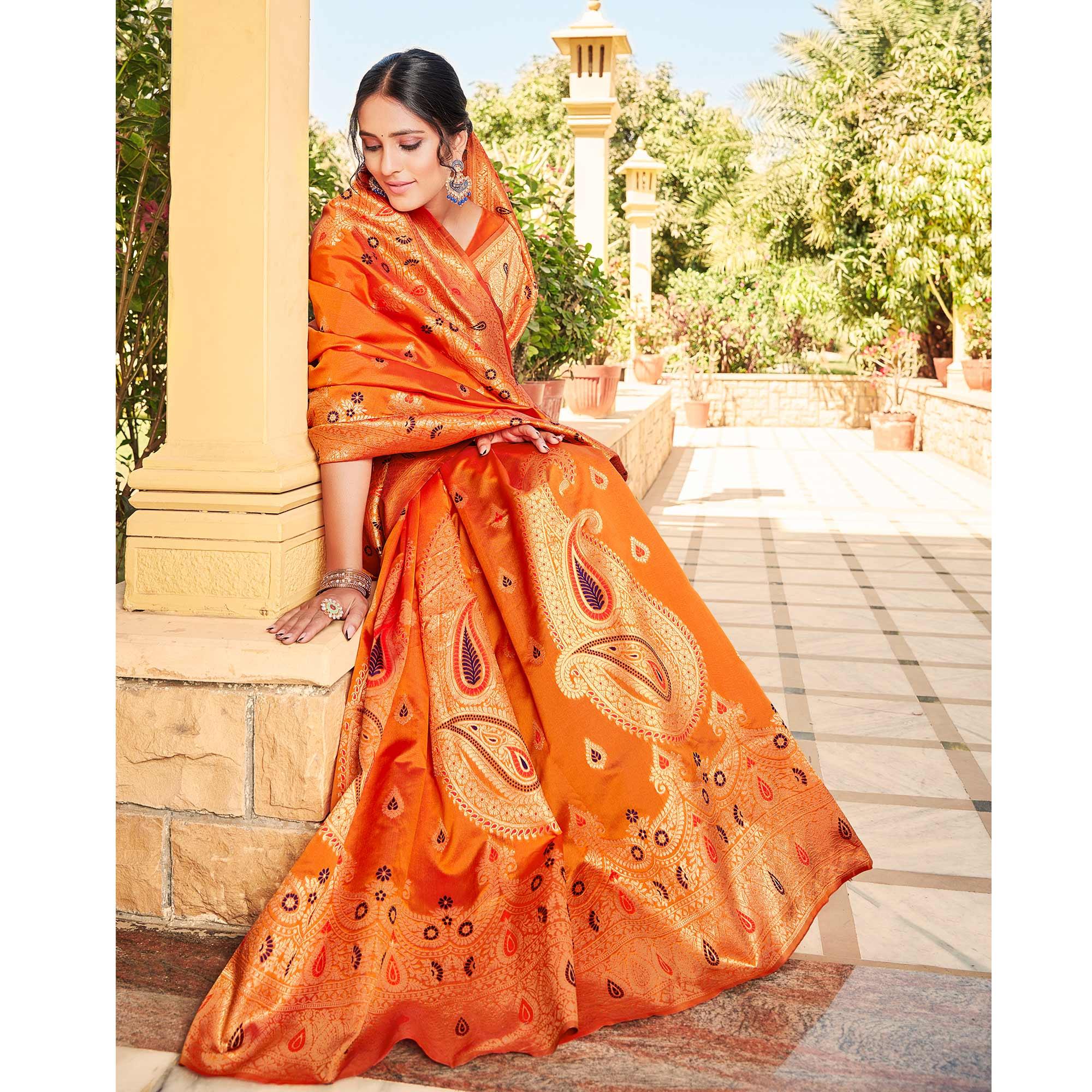Peachmode Jazzy Orange Coloured Designer Partywear Weaving Silk Saree - view 3
