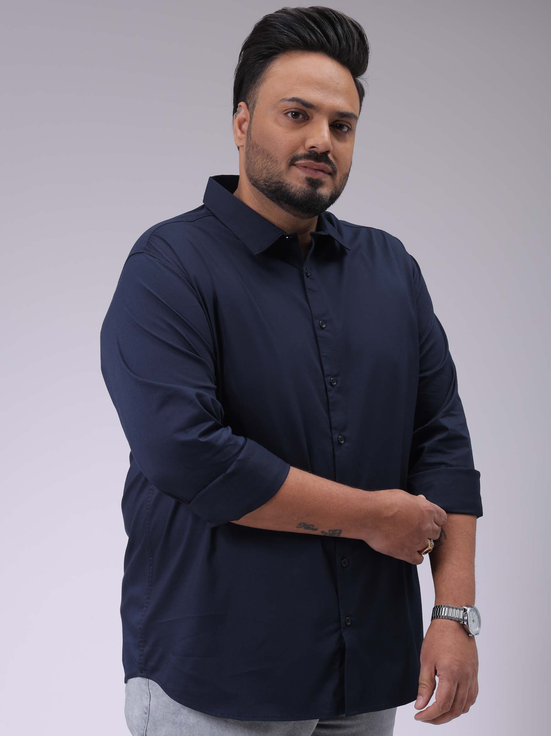 HARDSODA Men's Plus Size Navy Blue Regular Fit Solid Casual Shirt - view 5