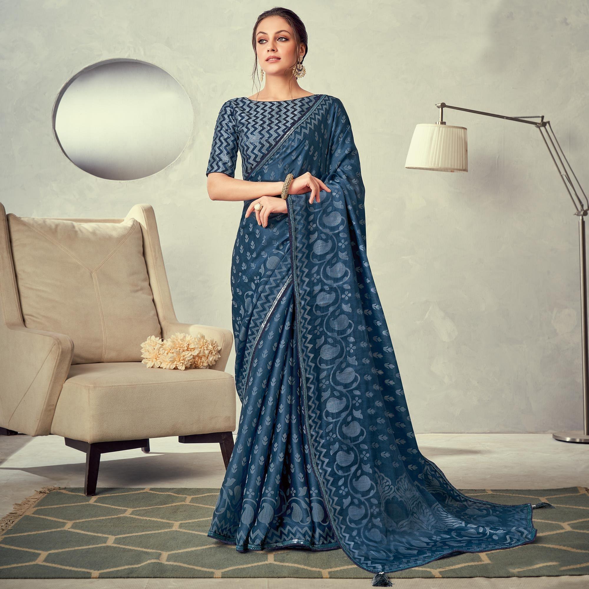 Peachmode Grey-Blue Festive Wear Print With Lace Border Brasso Silk Saree