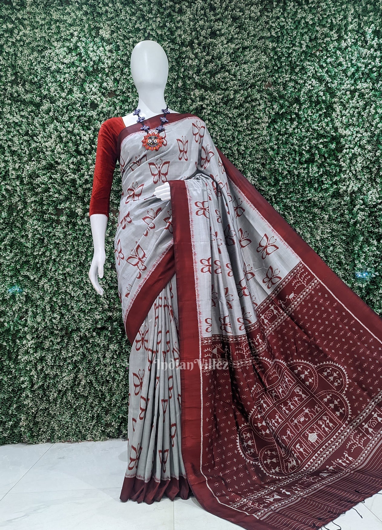 IndianVillèz Gray Maroon Butterfly Designer Contemporary Silk Saree