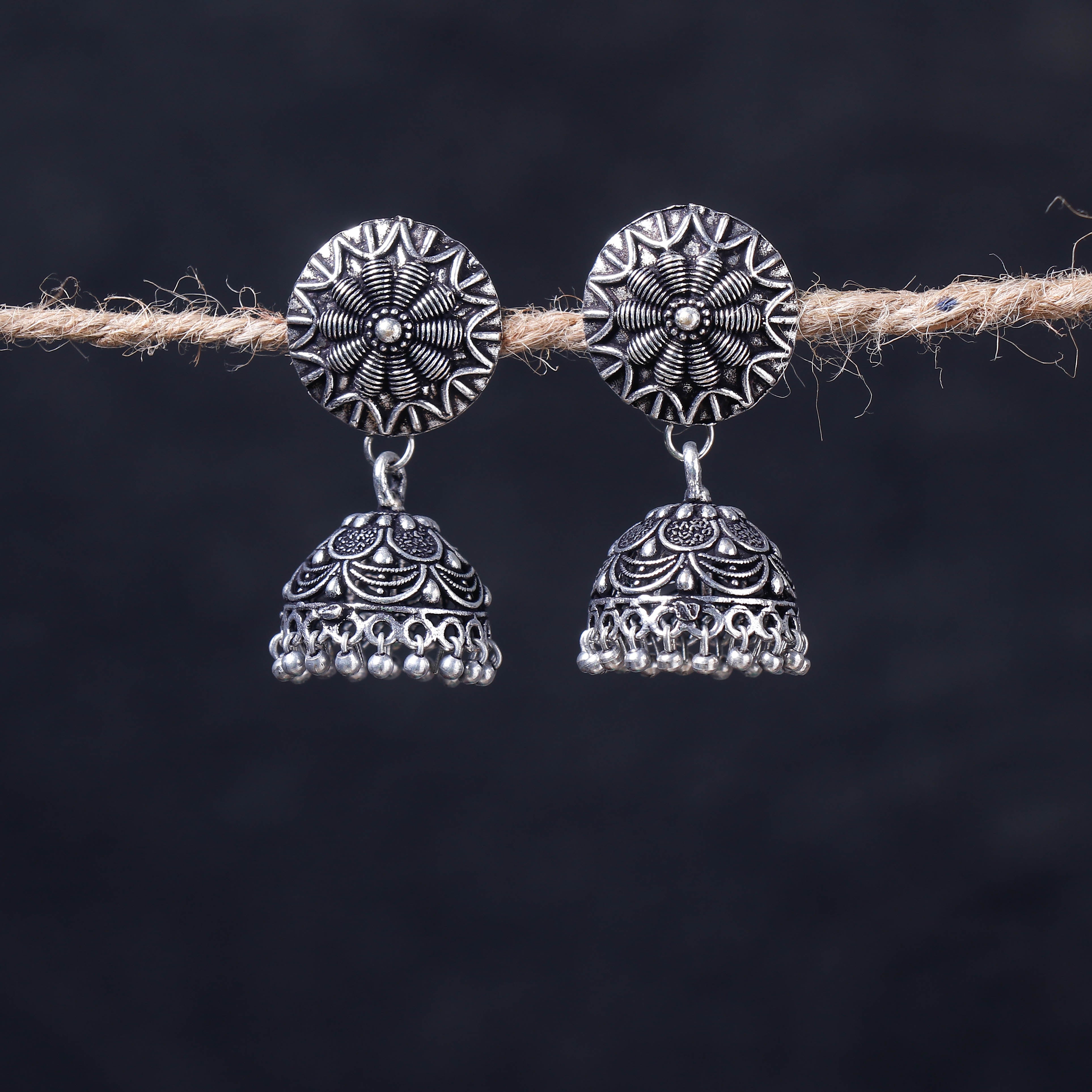 WHITE RIVER STORIES Antique Silver Finish Oxidised Brass Base Jhumka Earrings