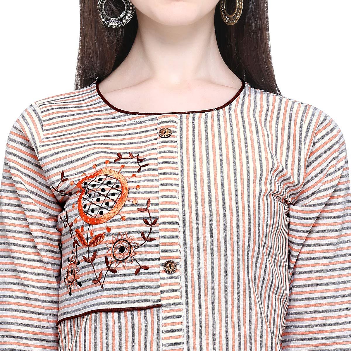 Peachmode Seller Desirable Off White Colored Casual Wear Embroidered Cotton Kurti-Palazzo Set - view 5