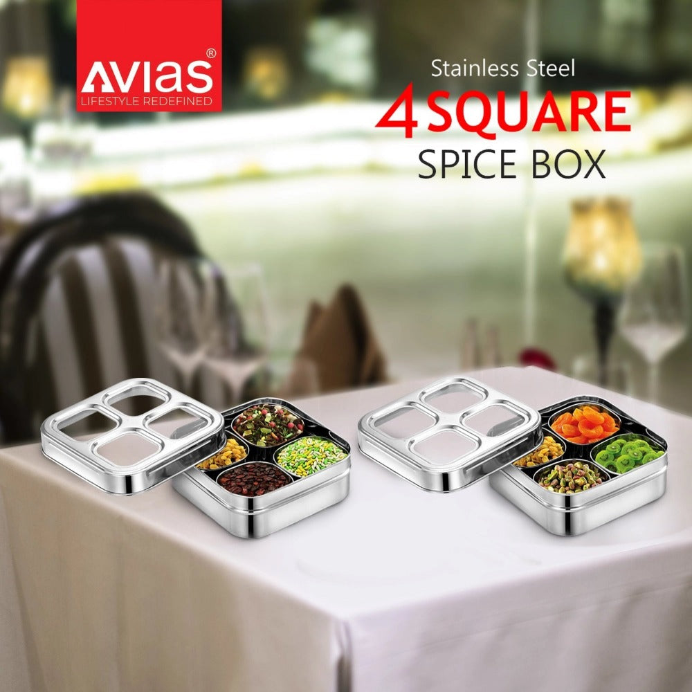 AVIAS Square Stainless Steel Dry Fruit cum Spice box with See-Through Lid | 4 Compartments and 1 Spoon | Silver - view 6