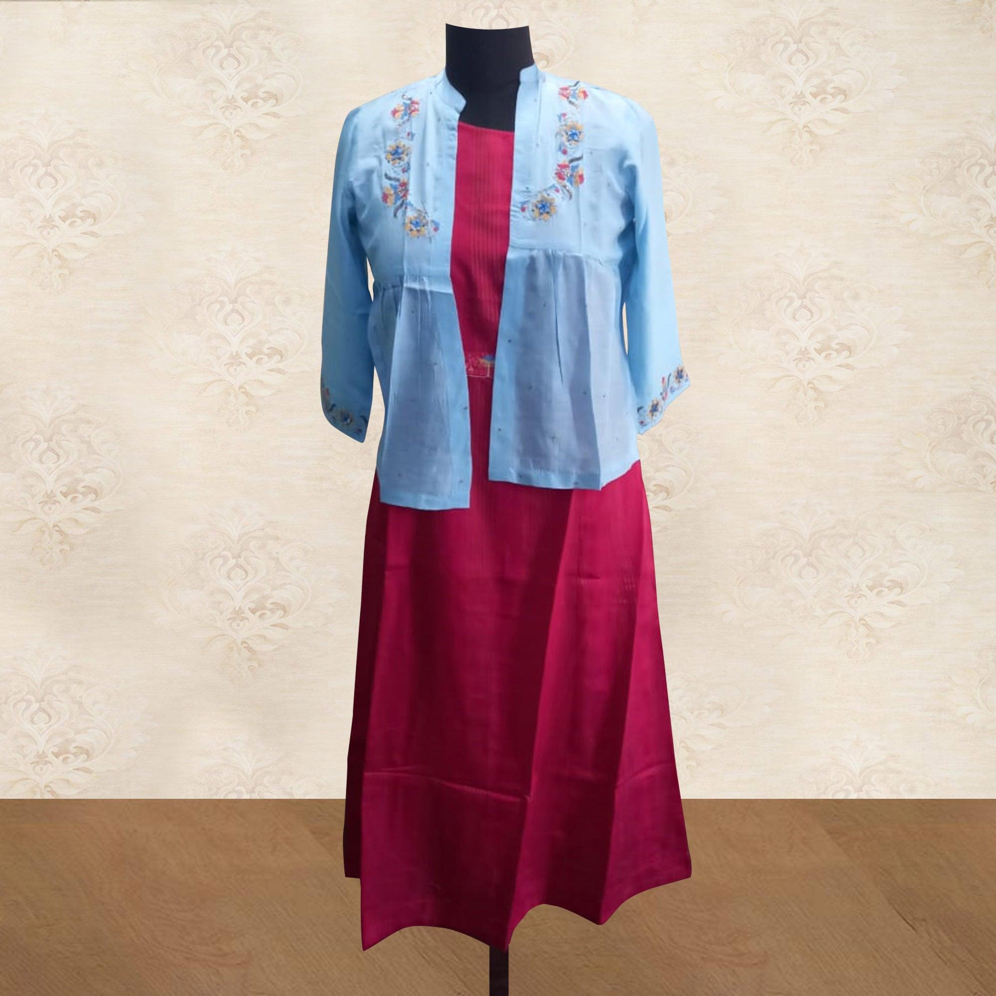 Peachmode Capricious Sky Blue - Pink Colored Partywear Embroidered Cotton Silk Kurti With Jacket - view 3