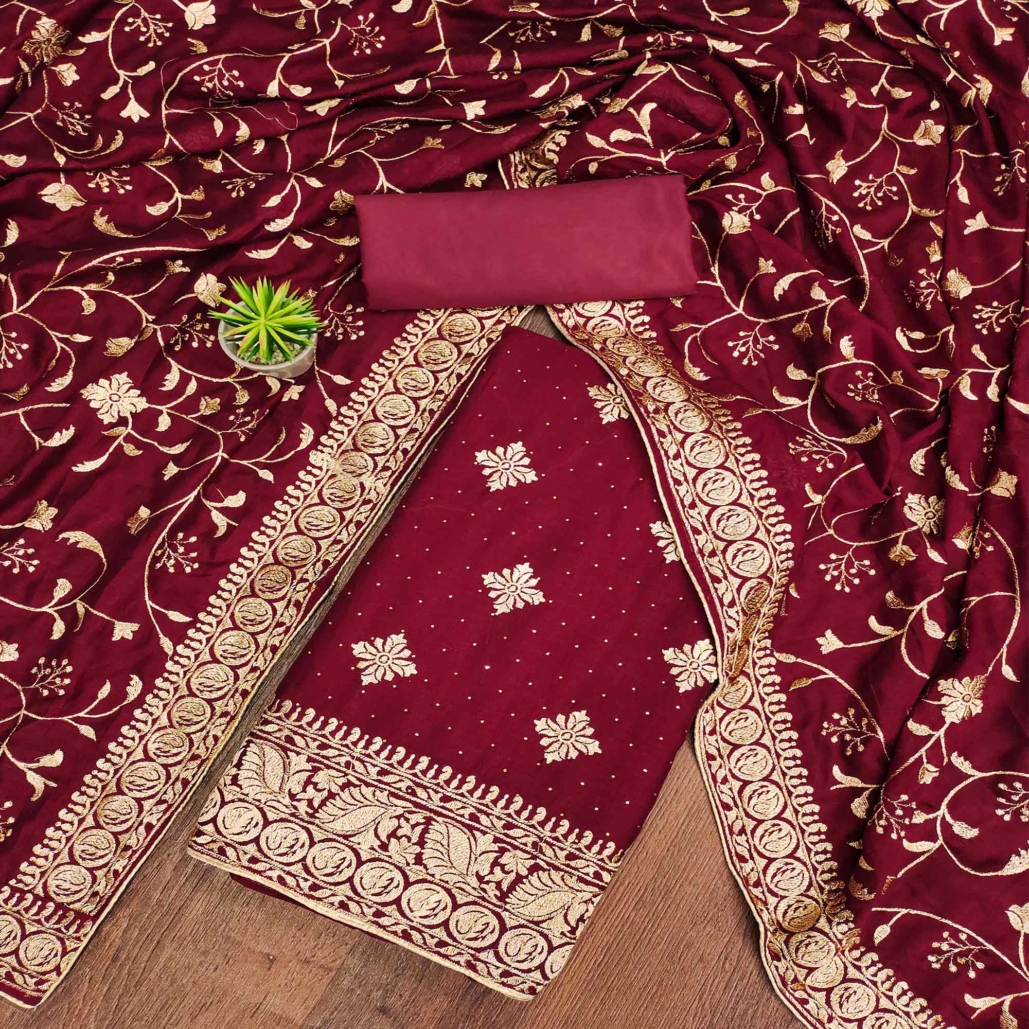 Peachmode Maroon Floral Embroidered Chinon Dress Material