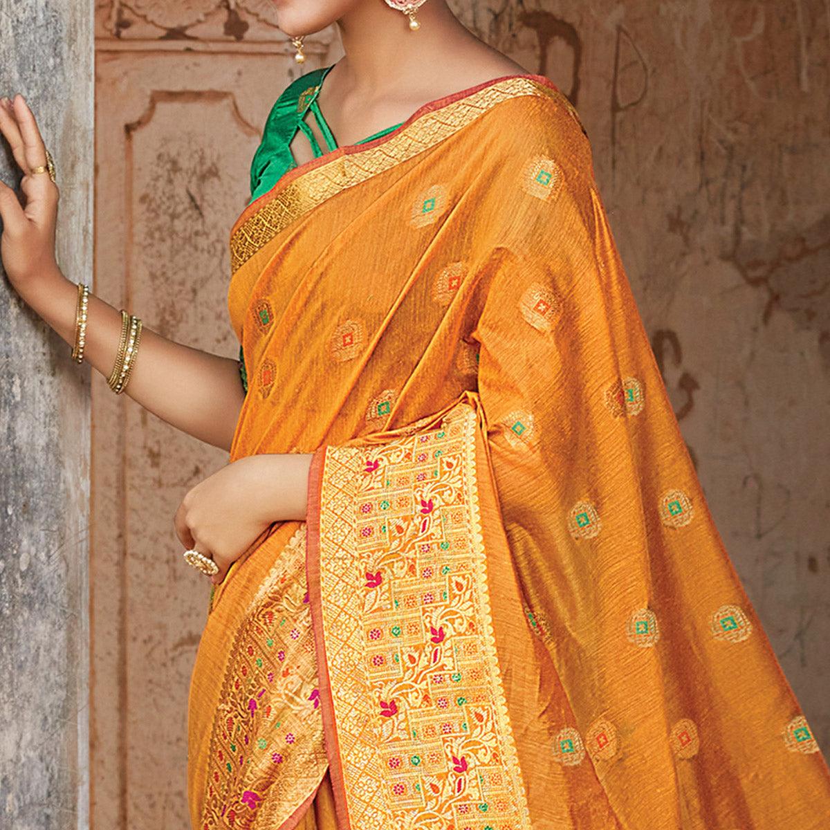 Peachmode Flirty Orange Colored Festive Wear Woven Cotton Handloom Saree - view 2