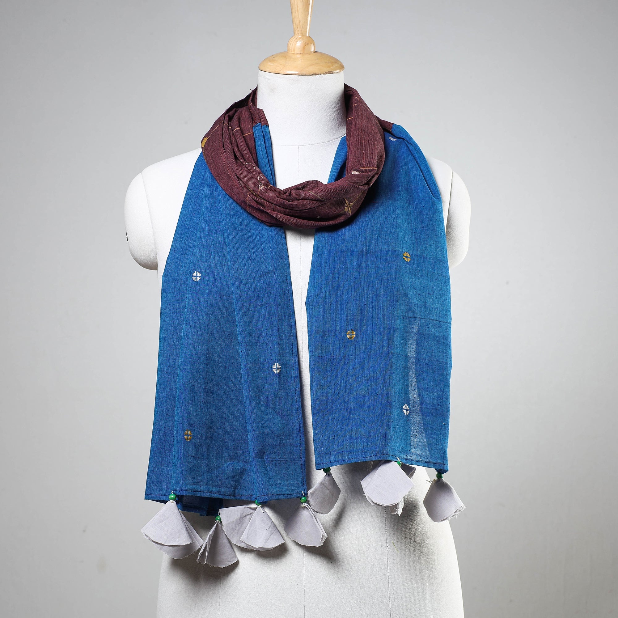 STOLES & SCARVES Blue - Godavari Jamdani Buti Patchwork Cotton Stole with Tassels
