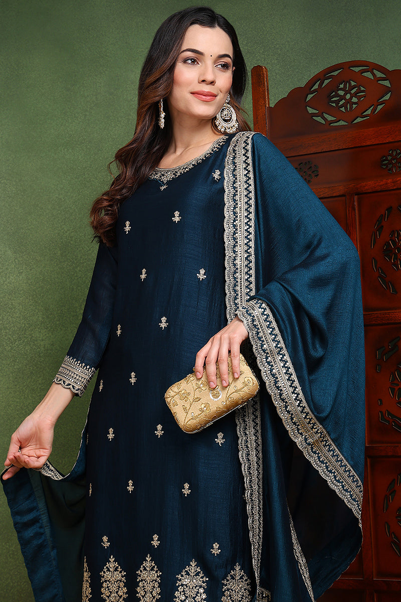 Ahika Dark Blue Silk Blend Solid Embroidered Straight Suit Set PKSKD2487 - view 2