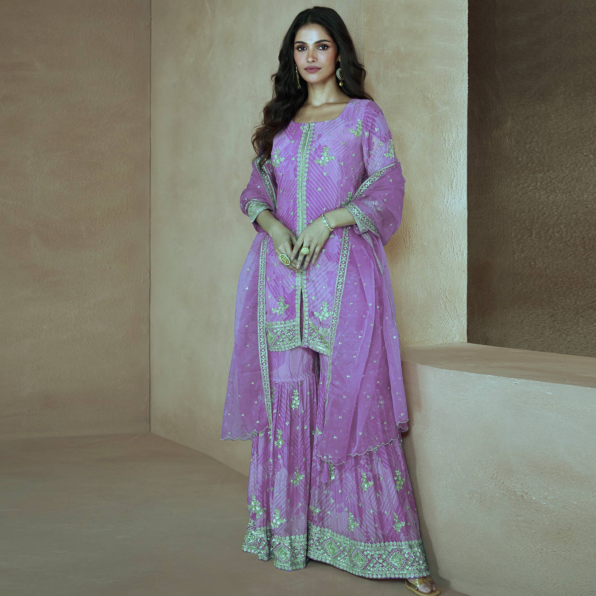 Peachmode Purple Sequins Embroidered Georgette Sharara Suit