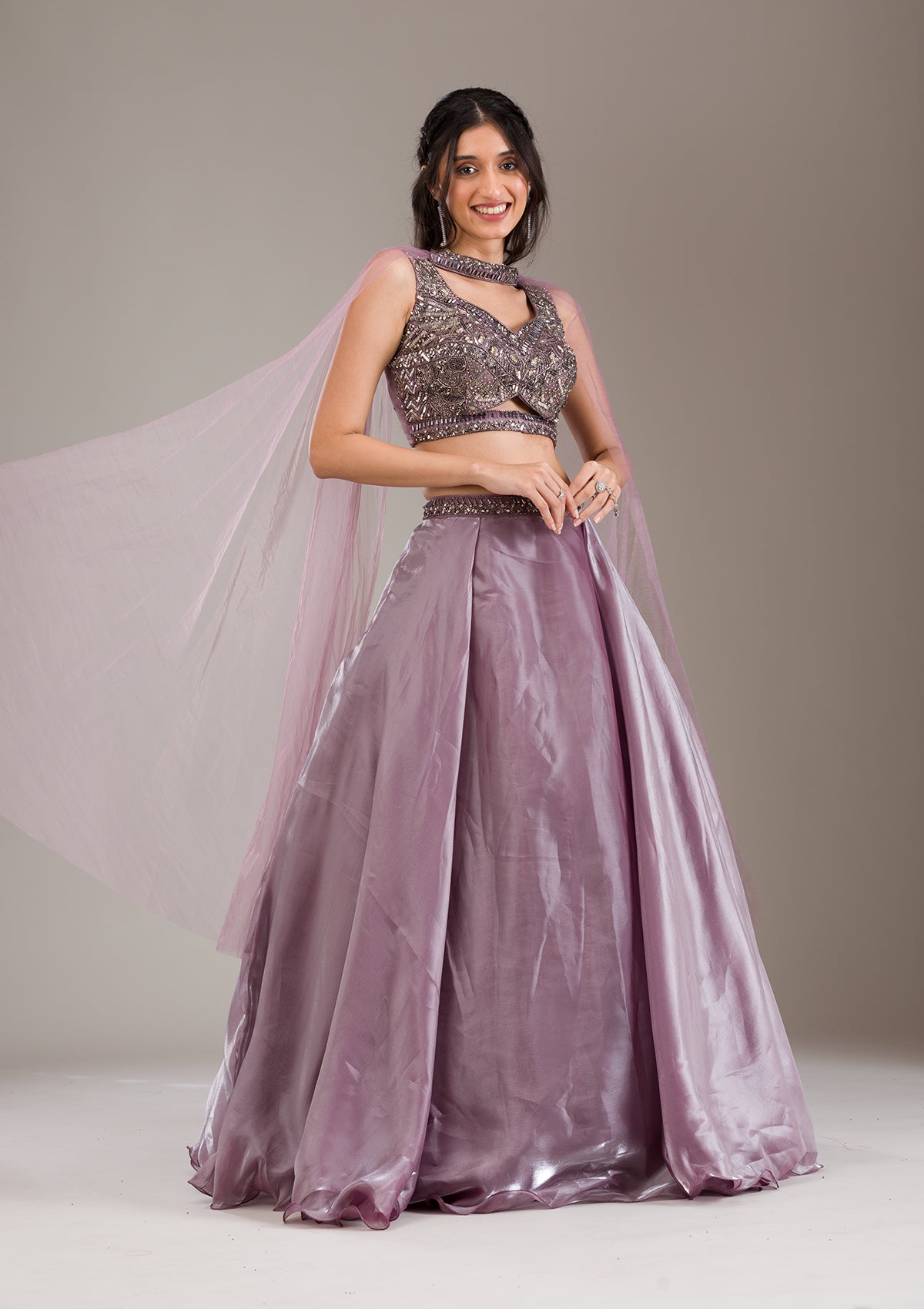 Koskii Mauve Cutdana Organza Readymade Lehenga