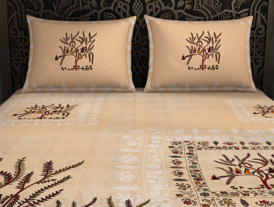 Spaces India Floral Creme Brulee - Beige 100% Cotton King Size Bedsheet - Chamba Rumal - Rangana By Spaces - view 4