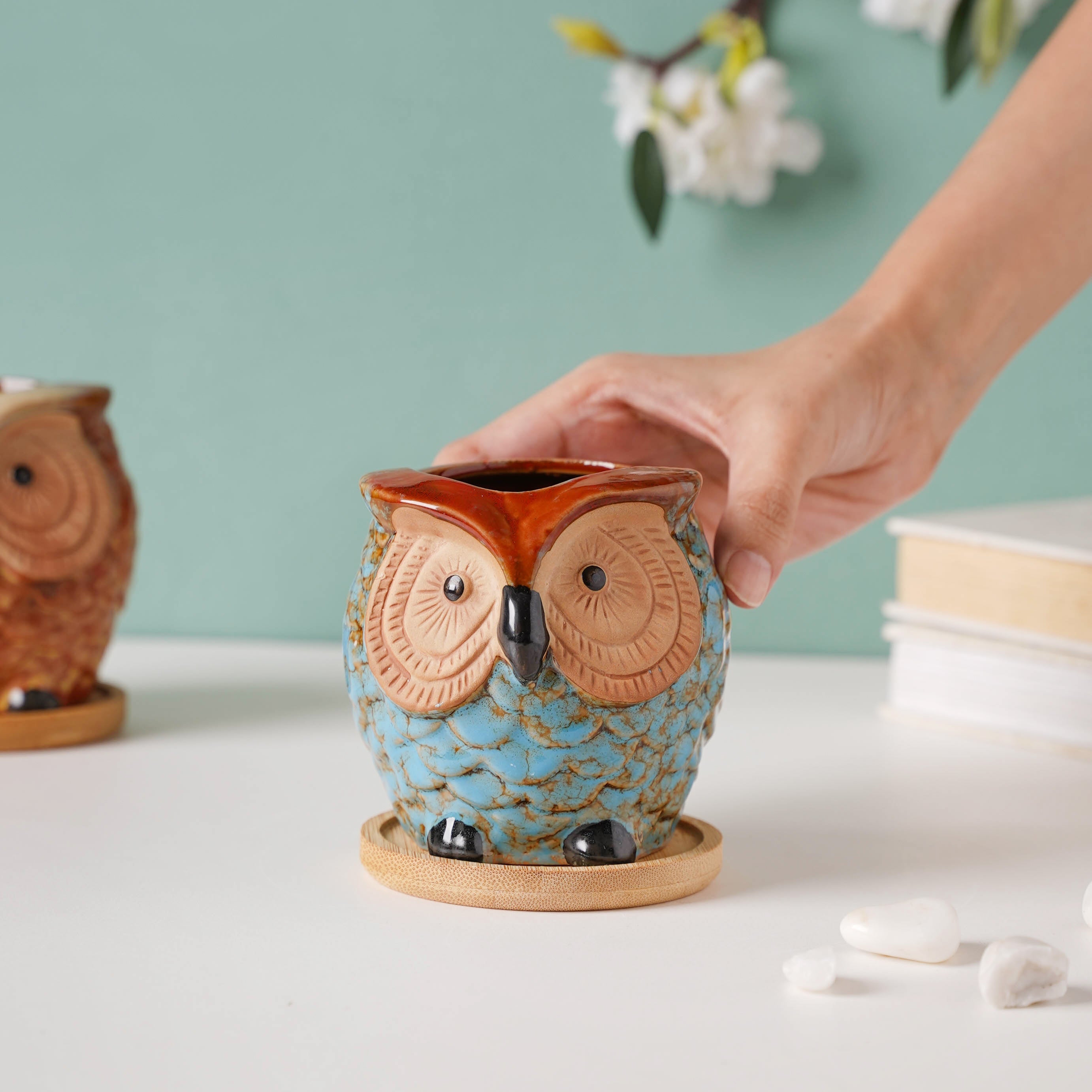 Nestasia Seacrest Owl Blue Ceramic Planter With Wooden Coaster - view 2