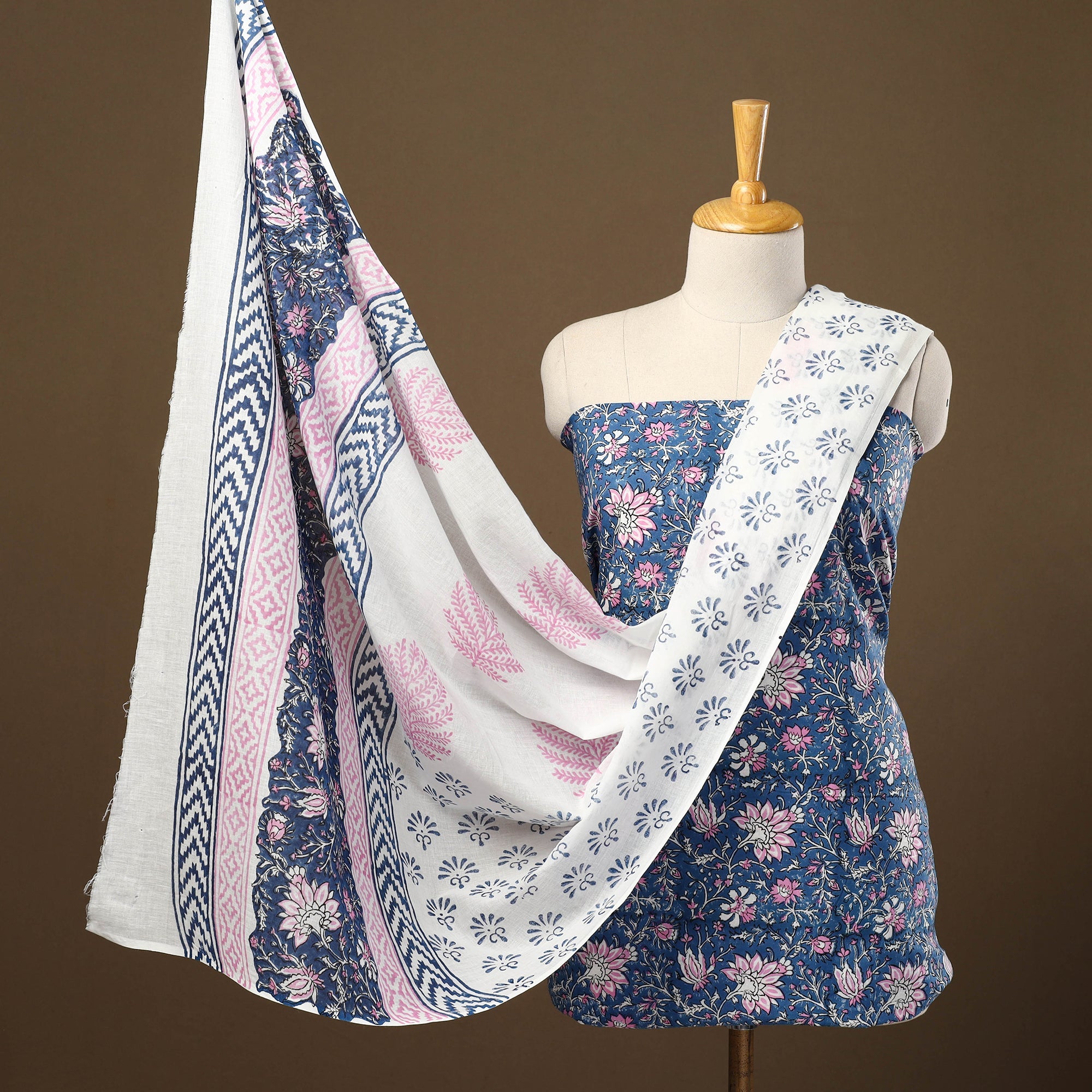 ARTISAN HAND BLOCK PRINTS Blue - 3pc Sanganeri Block Print Cotton Dress Material 17