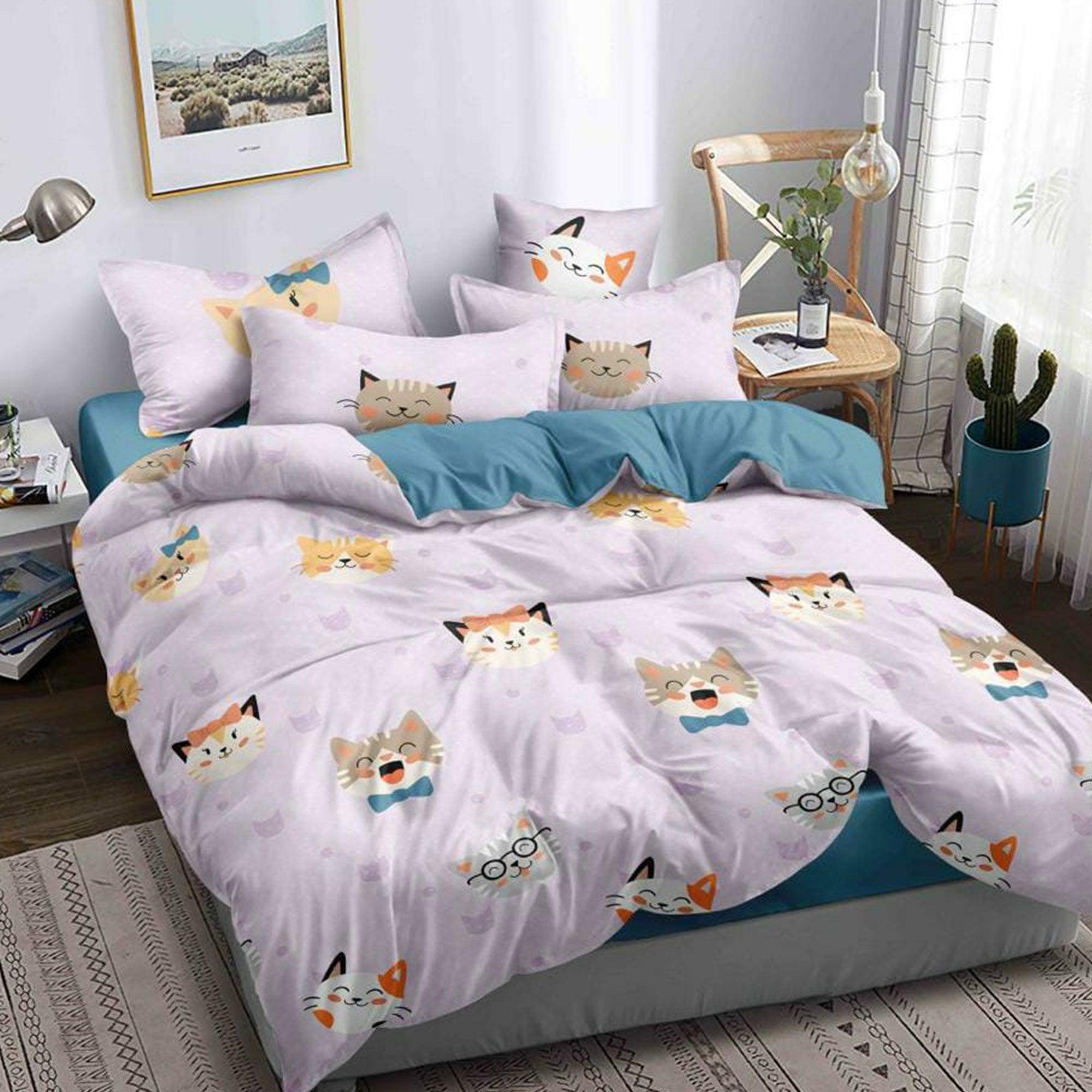 Peachmode Light Pink Cat Printed Kids Bedsheet With Pillow Cover