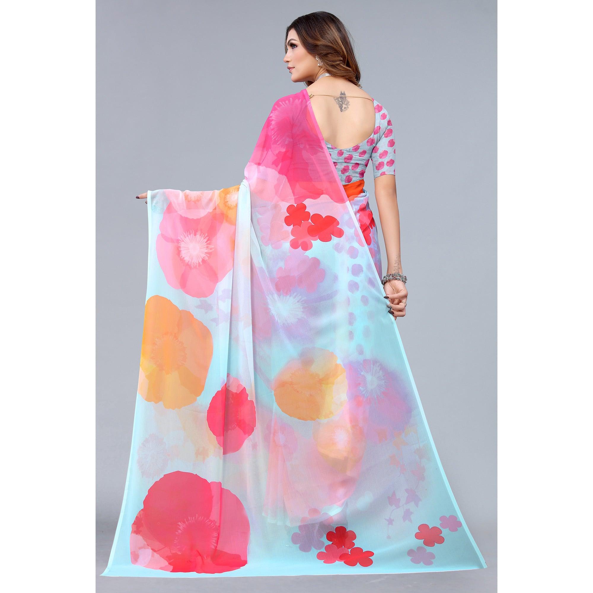 Peachmode Light Blue Printed Georgette Saree – Women's - view 5