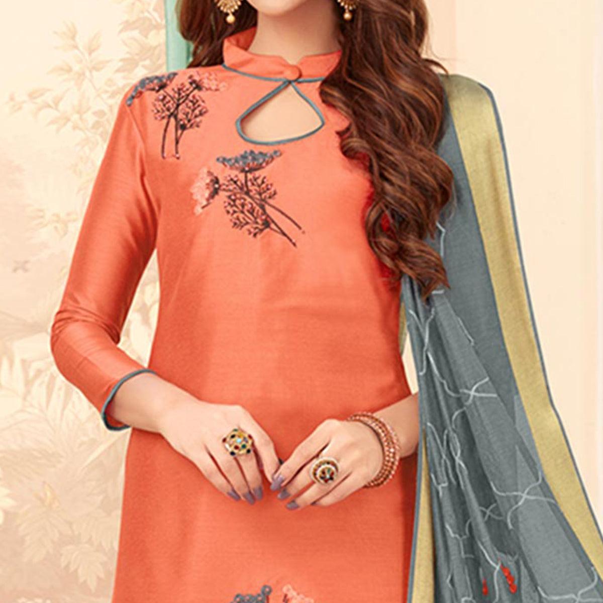 Peachmode Lovely Peach Colored Casual Wear Embroidered Cotton Dress Material - view 4