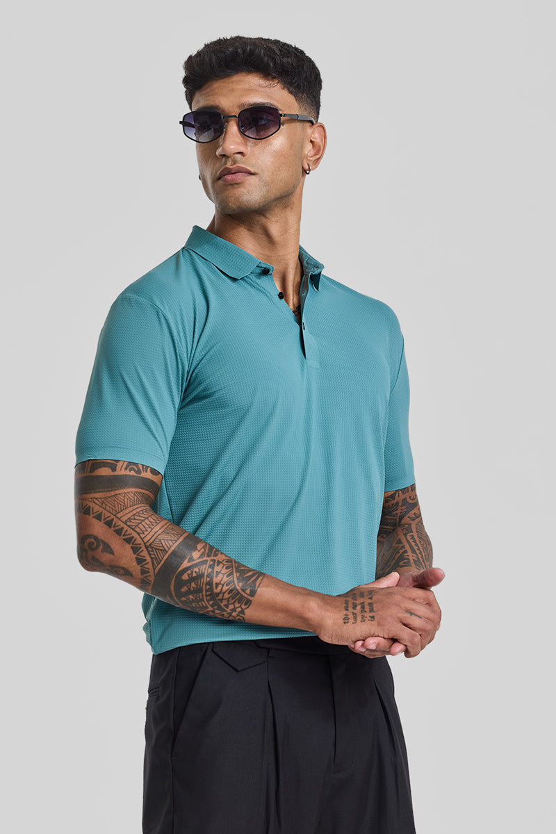 SNITCH Turquoise Textured Polo T-Shirt