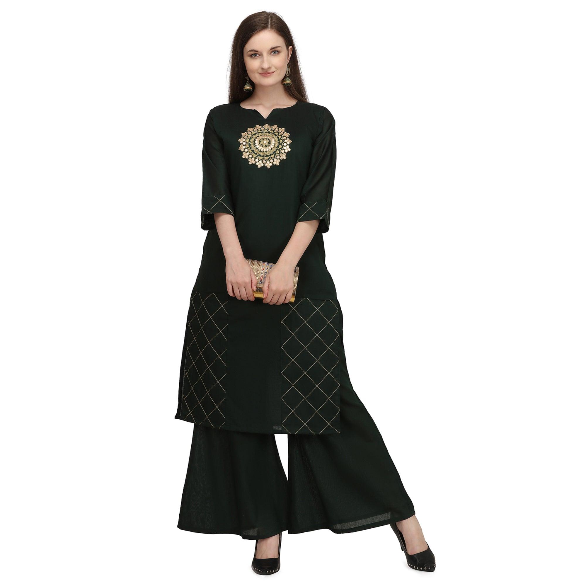 Peachmode Seller Ethnic Dark Green Colored Partywear Embroidered Pure Viscose Silk Kurti-Palazzo Set