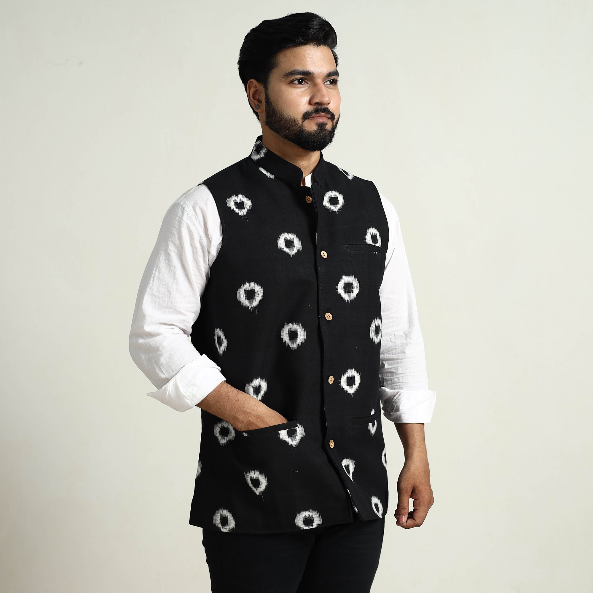 ITOKRI CASUALS Black - Pochampally Double Ikat Handloom Cotton Men Nehru Jacket 07 - view 2
