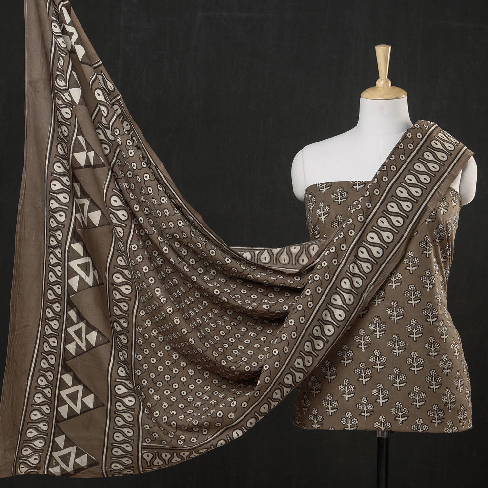 HAVELI CHRONICLES Brown - 3pc Cotton Block Printed Pipad Dress Material Set