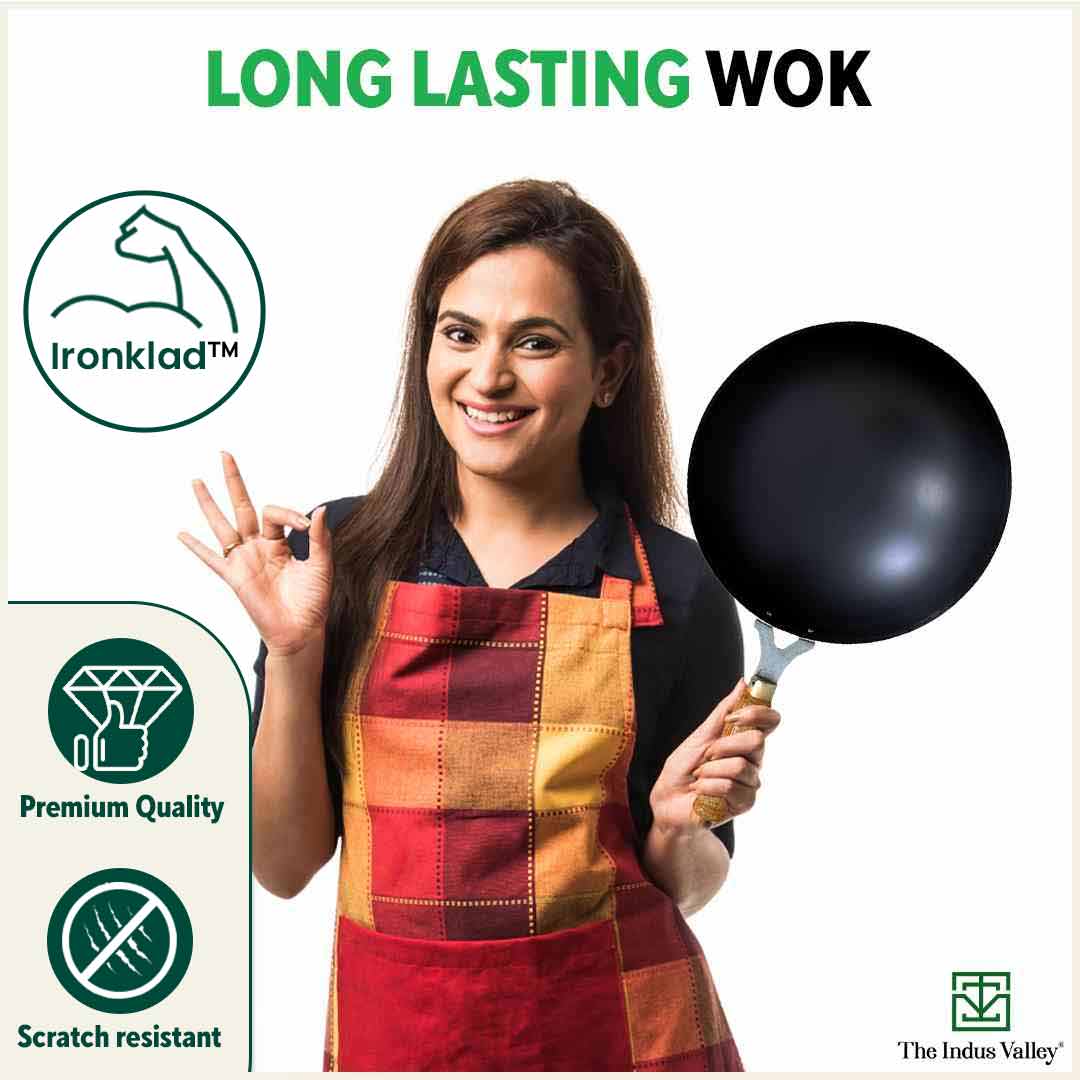 The Indus Valley 100% Pure Iron Wok with Wooden Handle, Toxin-free Sheet Iron, Pre-seasoned, 2.2/4.2L, 1/1.5kg - view 10
