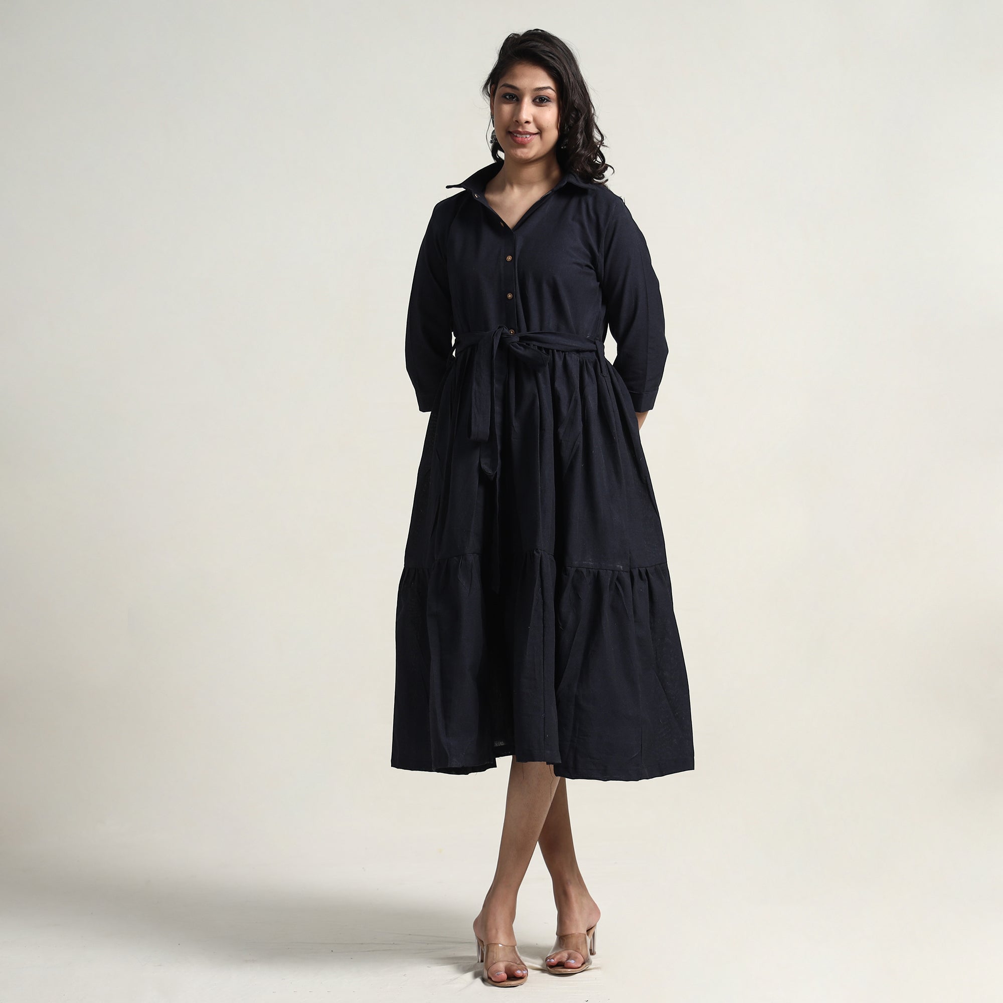ITOKRI CASUALS Black - Plain Handloom Cotton Collared Neck Flare Dress