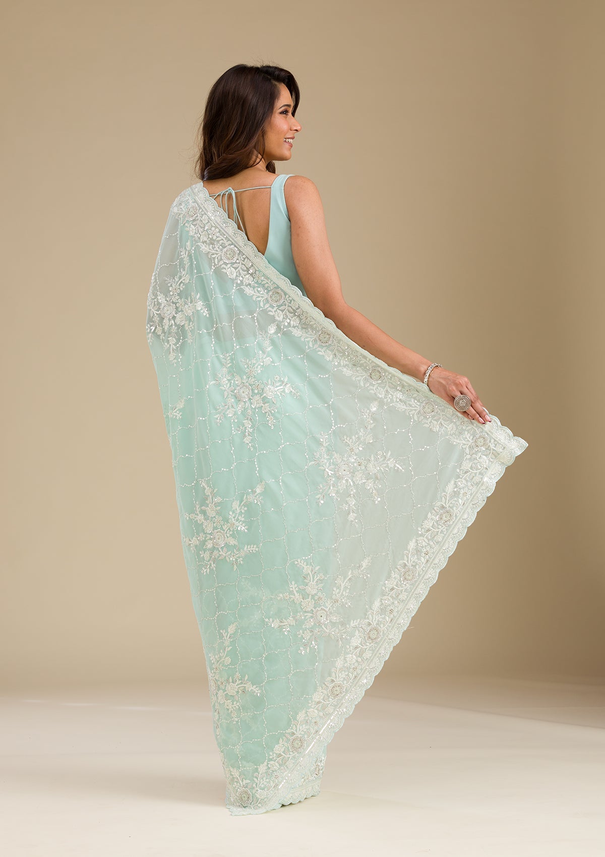 Koskii Sky Blue Threadwork Chiffon Saree – Women's - view 2