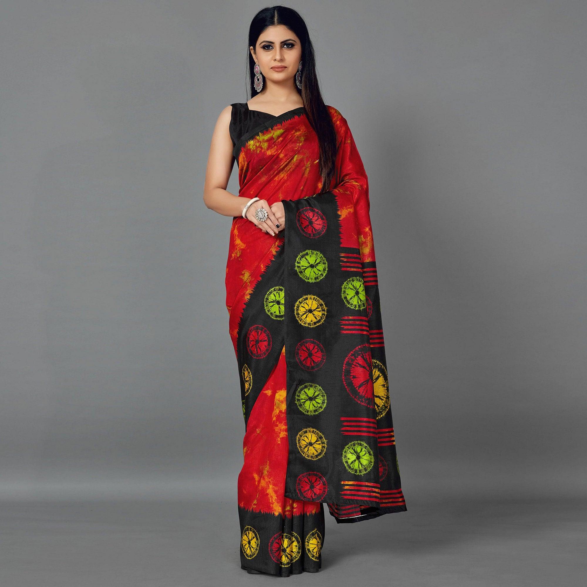Peachmode Multi Casual Art Silk Printed Saree With Unstitched Blouse