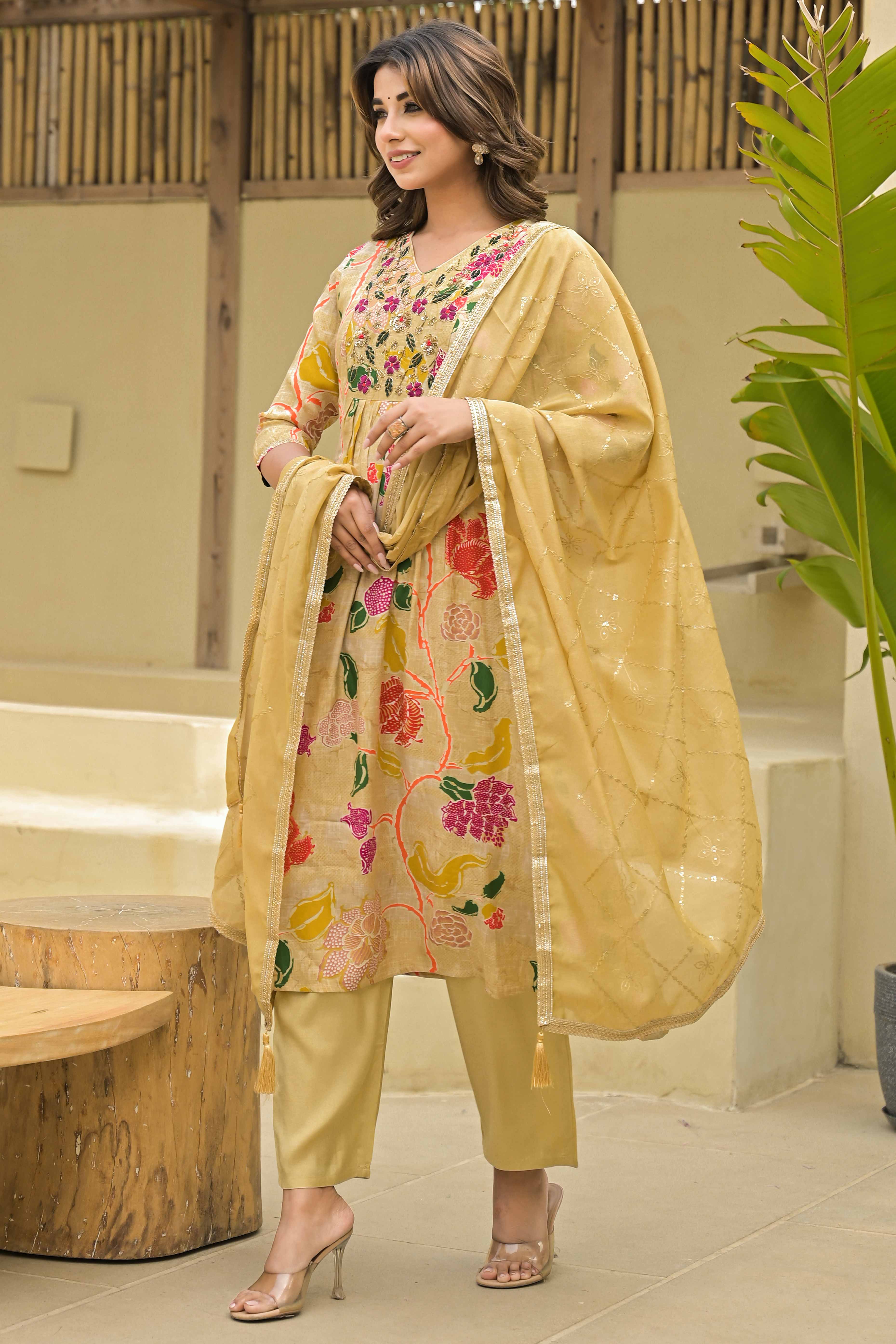 Peachmode Chikoo Floral Printed Muslin Anarkali Style Salwar Suit With Hand Work