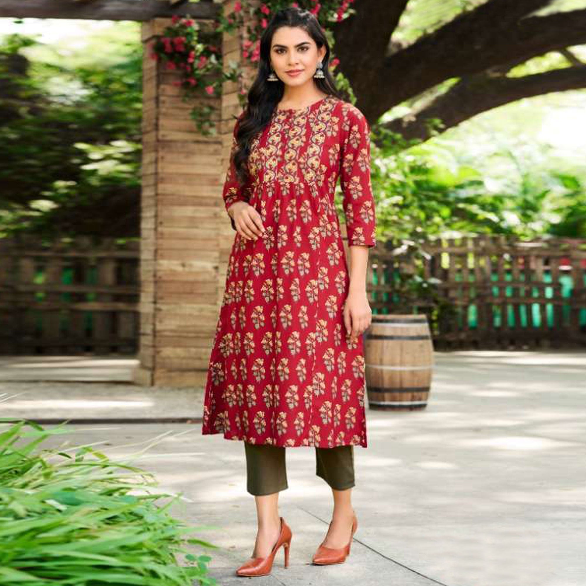 Peachmode Seller Maroon Jaipuri Printed Pure Cotton Kurti